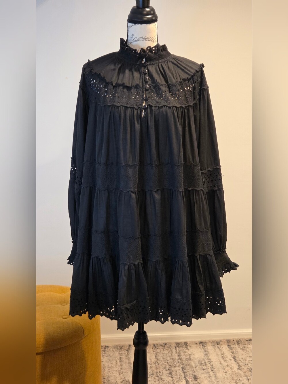 Anthropologie /Maeve Black Eyelet Tiered Mini Dress with Long Sleeves    Size XL - Picture 4 of 15